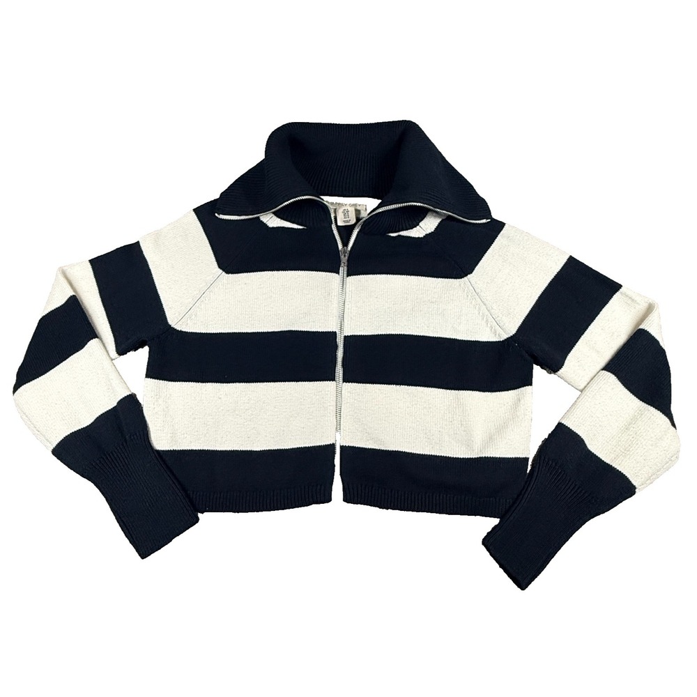 Happily Grey Womens S Striped Cropped Zip Cardigan Navy White Knit